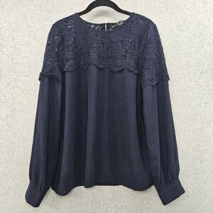 Lulu's‎ Navy Blouse With Floral Lace Button Cuffs Women's Size Lg